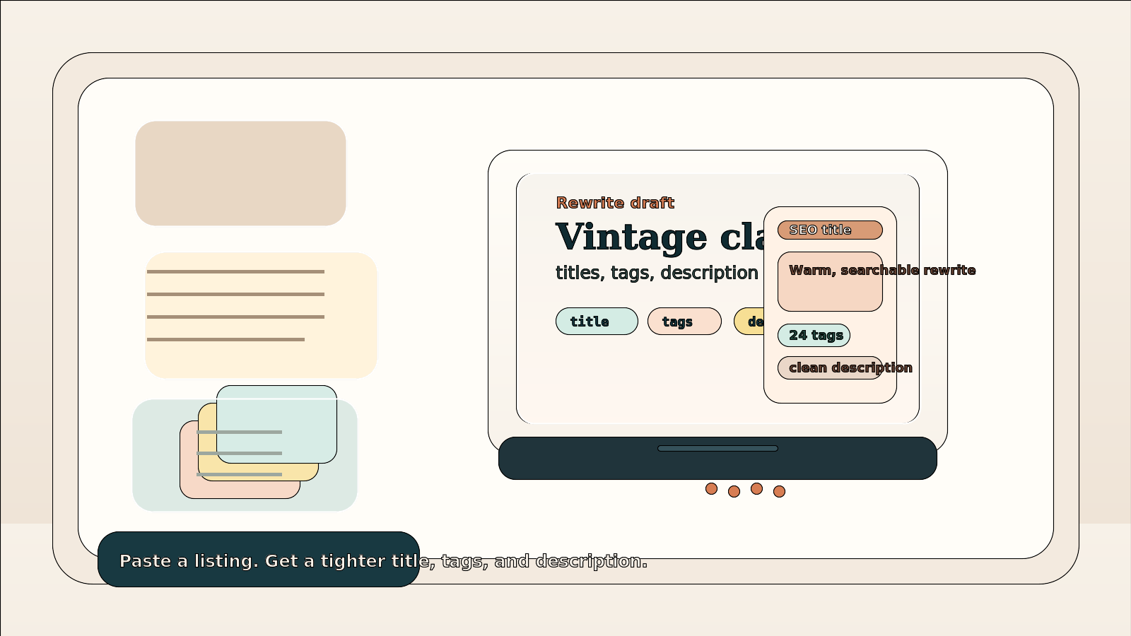 Editorial illustration of an Etsy seller's listing rewrite workspace